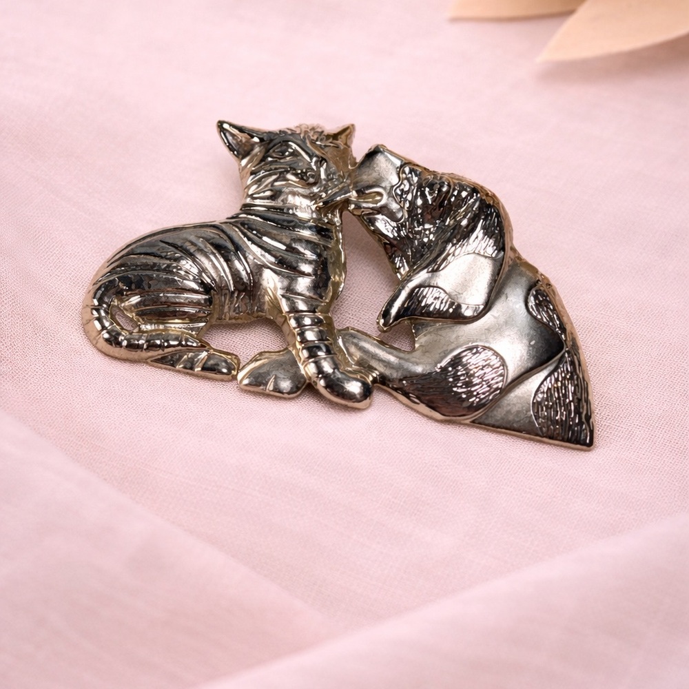 Vintage Cat and Dog Brooch Gold Tone Animal Pin Cute Pet Jewelry